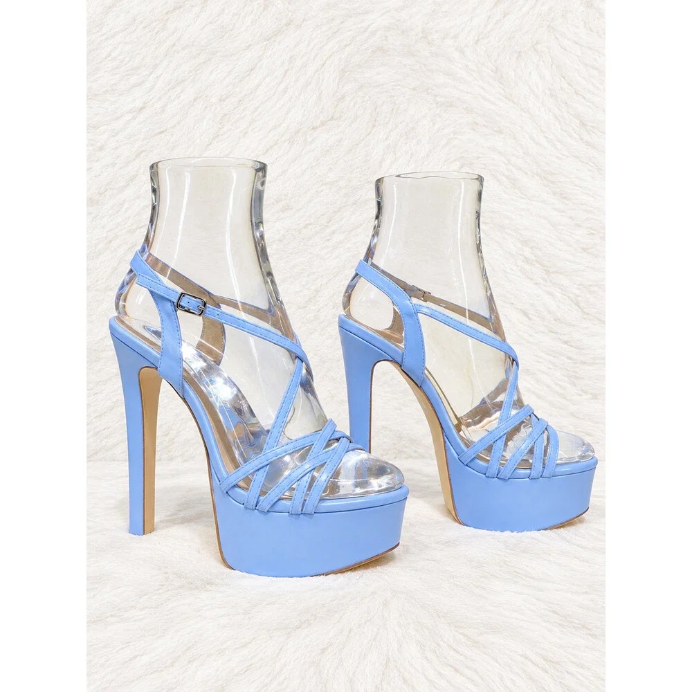 NIB Rihbah Periwinkle Blue Platform Stiletto High Heels Slingback Sandals Shoes